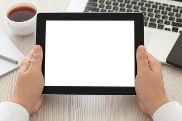 male hands holding tablet with isolated screen in the office