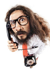 Funny portrait of a nerd talking on the phone