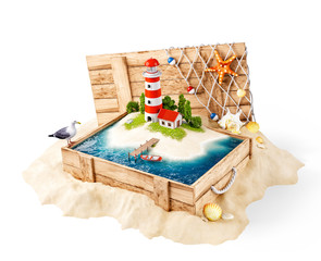 Sticker - Cute lighthouse on the island in opened wooden box on a pile of sand