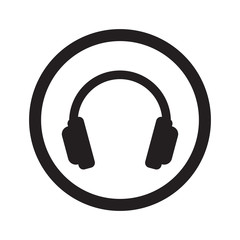 Flat black Headphones web icon in circle on white background