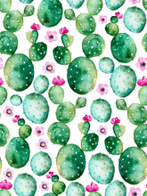 Seamless Pattern With High Quality Hand Painted Watercolor Cactus Plants And Purple Flowers.Pastel Colors,Perfect For Your Project,wedding,greeting Card,photos,blogs,wallpaper,pattern,texture And More