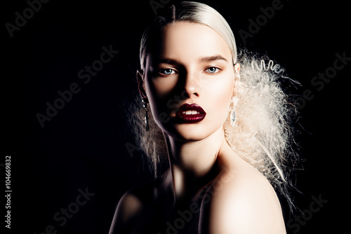 Beautiful Blonde Girl Model With Natural Make Up Red Lips On A