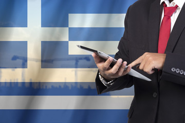 business and mobility communications concept Greece Flag backgro