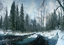 Winter Landscape Frozen Creek In The Forest
