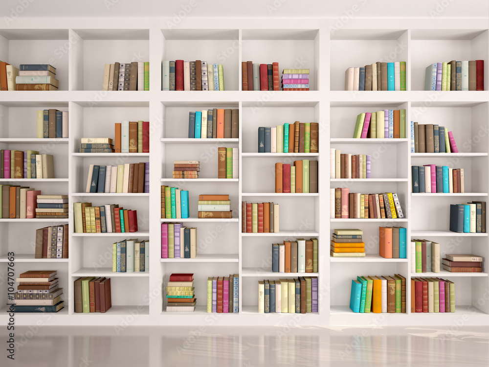 3d illustration of White bookshelves with various colorful books - obrazy, fototapety, plakaty 