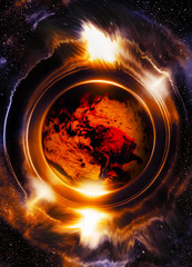 Poster - Planet earth in light circle, Cosmic Space background. Fire effect. Computer collage. Earth concept. Elements of this image furnished by NASA.