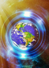 Aufkleber - Planet Earth in light circle, Cosmic Space background. Computer collage. Earth concept. Planet earth in light rays. Elements of this image furnished by NASA.