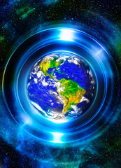 Poster - Planet earth in light circle, Cosmic Space background. Computer collage. Earth concept. Elements of this image furnished by NASA.