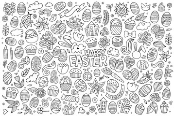 Wall Mural - Sketchy vector hand drawn doodles cartoon set of Easter objects 