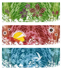 Fotomurales - Ensemble 3 Bannières / Headers - Motif Floral Végétal Feuillage et Herbes Rouge Vert Bleu