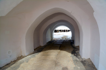 Arch passages in the walls of the Novgorod Kremlin in winter. Fortress of Great Novgorod in winter. UNESCO world heritage site. Novgorod citadel. Veliky Novgorod - ancient and famous Russian cities. 