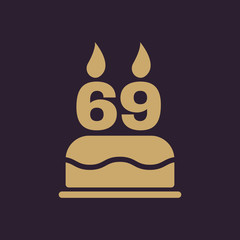  The birthday cake with candles in the form of number 69 icon. Birthday symbol. Flat