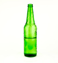 Beer Bottles Of Green Glass Background, Glass Texture / Green Bottles / Bottle Of Beer With Drops On White Background. With Clipping Path / Texture Water Drops On The Bottle Of Beer.
