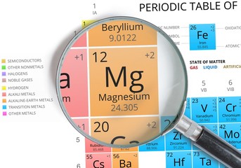 Wall Mural - Magnesium symbol - Mg. Element of the periodic table zoomed with magnifying glass