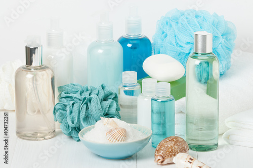 Fotografie, Obraz Spa Kit. Shampoo, Soap Bar And Liquid. Shower Gel. Aromatherapy