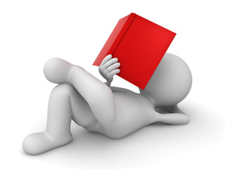 Poster - 3d man lying down and reading a red book isolated on white background