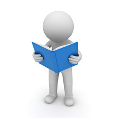 Poster - 3d man standing and reading a blue book over white background