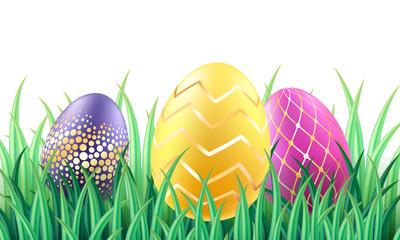 Wall Mural - Colorful bright Easter eggs in grass background.