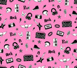 Seamless pattern. Punk rock music isolated on pink background. Doodle style elements, emblems, badges, logo and icons. 