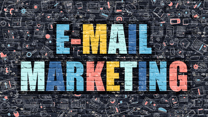 Wall Mural - e-mail marketing concept. modern illustration. multicolor e-mail marketing drawn on dark brick wall.