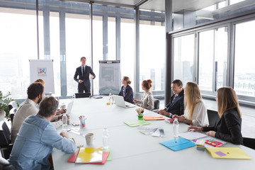 Business man talking about project during meeting in modern office.