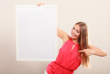 Cute Fashion Woman With Blank Empty White Banner.