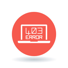 403 Forbidden Error icon. Internet error sign. Laptop browser error symbol. White laptop 403 error icon on red circle background. Vector illustration.