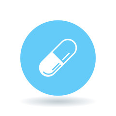 Wall Mural - Medicine icon. Medication sign. Capsule symbol. White capsule icon on blue circle background. Vector illustration.