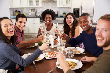 Group Of Friends Making A Toast At Dinner Party