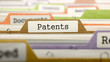 Patents Concept on File Label in Multicolor Card Index. Closeup View. Selective Focus. 3D Render. 