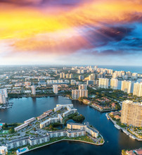 Helicopter Sunset View Of Miami Beach, Florida