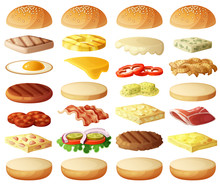 Burgers Set. Ingredients: Buns, Cheese, Bacon, Tomato, Onion, Lettuce, Cucumbers, Pickle Onions, Beefs, Ham. Vector Icons Isolated On White Background
