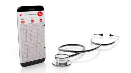 Wall Mural - Smartphone with cardio app on screen and stethoscope, isolated on white background.Smartphone with cardio app on screen and stethoscope, isolated on white background.