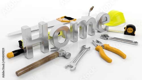 Zdjęcie XXL Różnorodni ręk narzędzia z 3D słowa domem, odizolowywającym na białym tle.