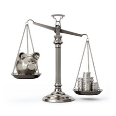 Wall Mural - Silver scales with piggy bank and coins - left up and right down - front view