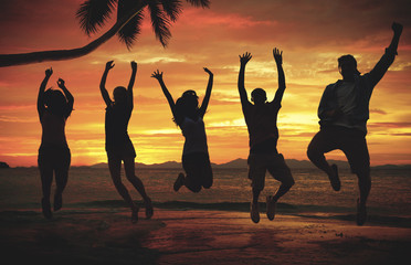 Canvas Print - Friends Vacation Sea Summer Jumping Shot Concept