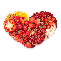 Wall Mural - Healthy heart / Healthy food concept of a human heart made of vegetable and fruit mix that reduce death risk, isolated on white.