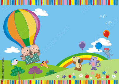 Twins in balloon. Baptism invitation design, presenting twin babies in a hot air balloon. There is also room in design to place a message