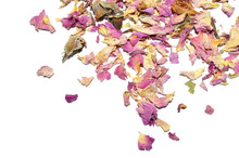 Scattered Dried Petals Of Tea Rose On White Background With Place For Your Text