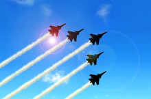Military Aerobatic Jets Formation Under Blue Sky During Air Show