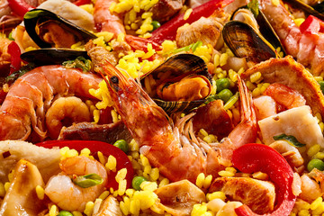 Close up of delicious seafood paella with prawns