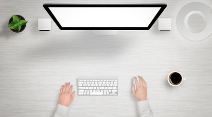Poster - Modern desk with isolated computer display top view. Designer works with a mouse and keyboard. Coffee, lamp, plant on table.
