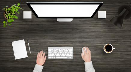 Sticker - modern desk with isolated computer display top view. designer works with a mouse and keyboard. coffe