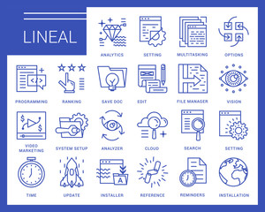 line vector icons in a modern style. programs and features, windows applications, browser, pages pro