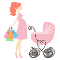 vector illustration of modern pregnant mommy with pink vintage  baby carriage, the woman does the shopping online store, logo,silhouette, stylized symbol of mother's, sale icon on white background