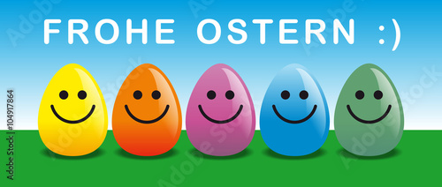Frohe Ostern mit Smiley-Ostereier auf grün-blauem Grund – Stock