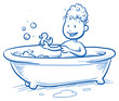 Happy little boy rsitting in bath tub and playing with rubber ducky. Hand drawn cartoon doodle vector illustration.