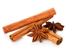 Cinnamon Stick And Star Anise Spice Close-up Isolated On White Background.