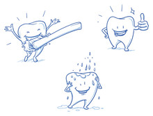 Cute Happy Cartoon Tooth Being Cleaned With Brush, And Water, Showing Thumb Up. Hand Drawn Line Art Cartoon Vector Illustration.