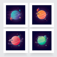 Wall Mural - Four vibrant colorful planets with stars and speeding comets. Outer space conceptual icons in modern flat design style